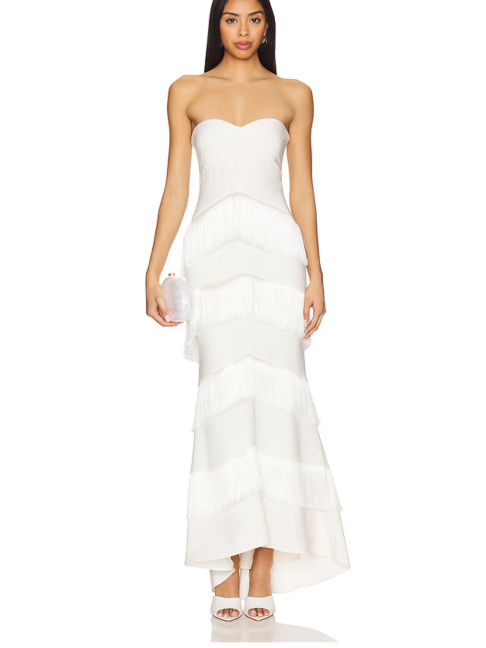 House of Harlow 1960 Strapless White Fringe Tiered Gown